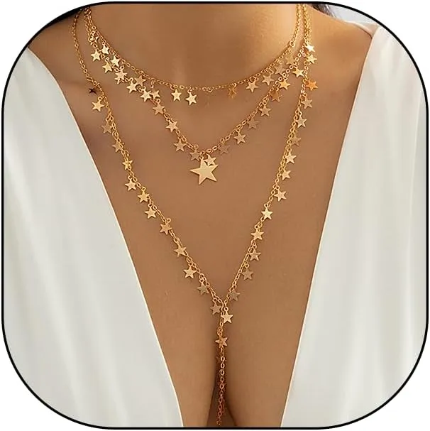 Layered Star Y Necklace,Charming Plated Gold Small Geometric Star Long Lariat Necklace,Sweet Layering Pentagram Personalized Choker for Women