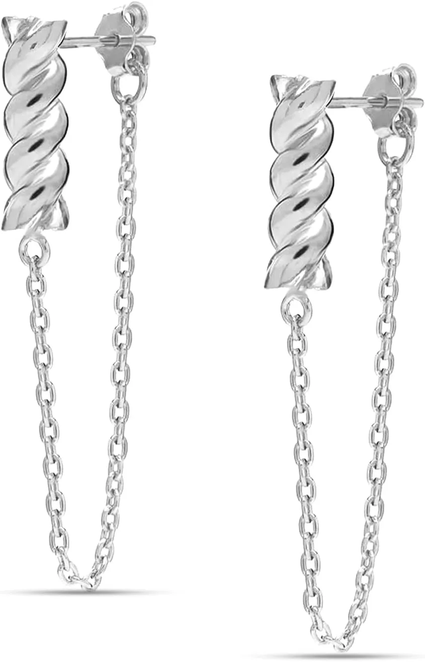LeCalla 925 Sterling Silver Bar Threader Tassel Chain Earrings for Women | Lightweight Handmade Twisted Stick and Chain Dangle Earrings