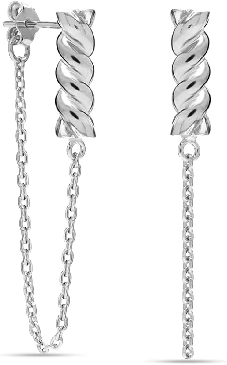 LeCalla 925 Sterling Silver Bar Threader Tassel Chain Earrings for Women | Lightweight Handmade Twisted Stick and Chain Dangle Earrings