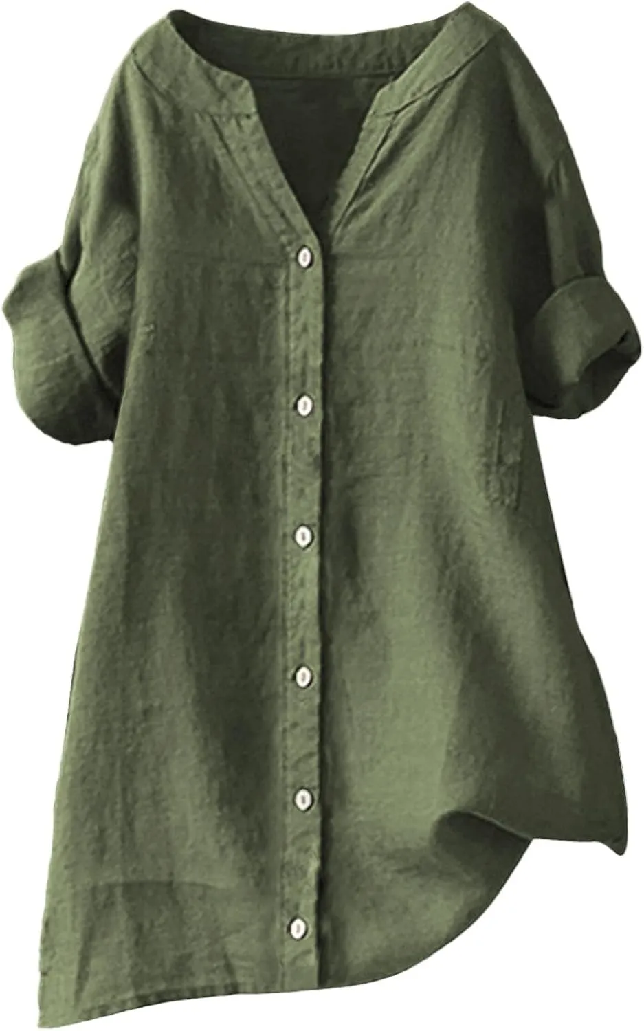Linen Tops for Women Trendy Buttons Shirts Solid Color Stand Shirts 3/4 Sleeve T-Shirt Loose Fit Plus Size Blouses
