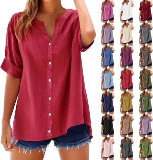 Linen Tops for Women Trendy Buttons Shirts Solid Color Stand Shirts 3/4 Sleeve T-Shirt Loose Fit Plus Size Blouses