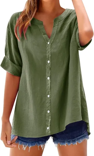 Linen Tops for Women Trendy Buttons Shirts Solid Color Stand Shirts 3/4 Sleeve T-Shirt Loose Fit Plus Size Blouses