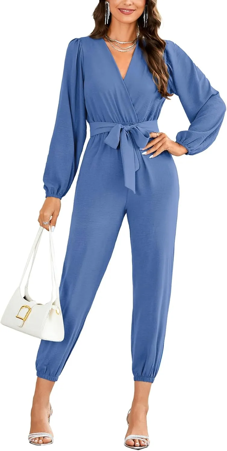 LYANER Women's Elegant Wrap V Neck Tie Waist Long Sleeve Jumpsuit Long Pants Romper