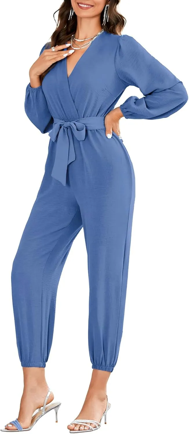 LYANER Women's Elegant Wrap V Neck Tie Waist Long Sleeve Jumpsuit Long Pants Romper