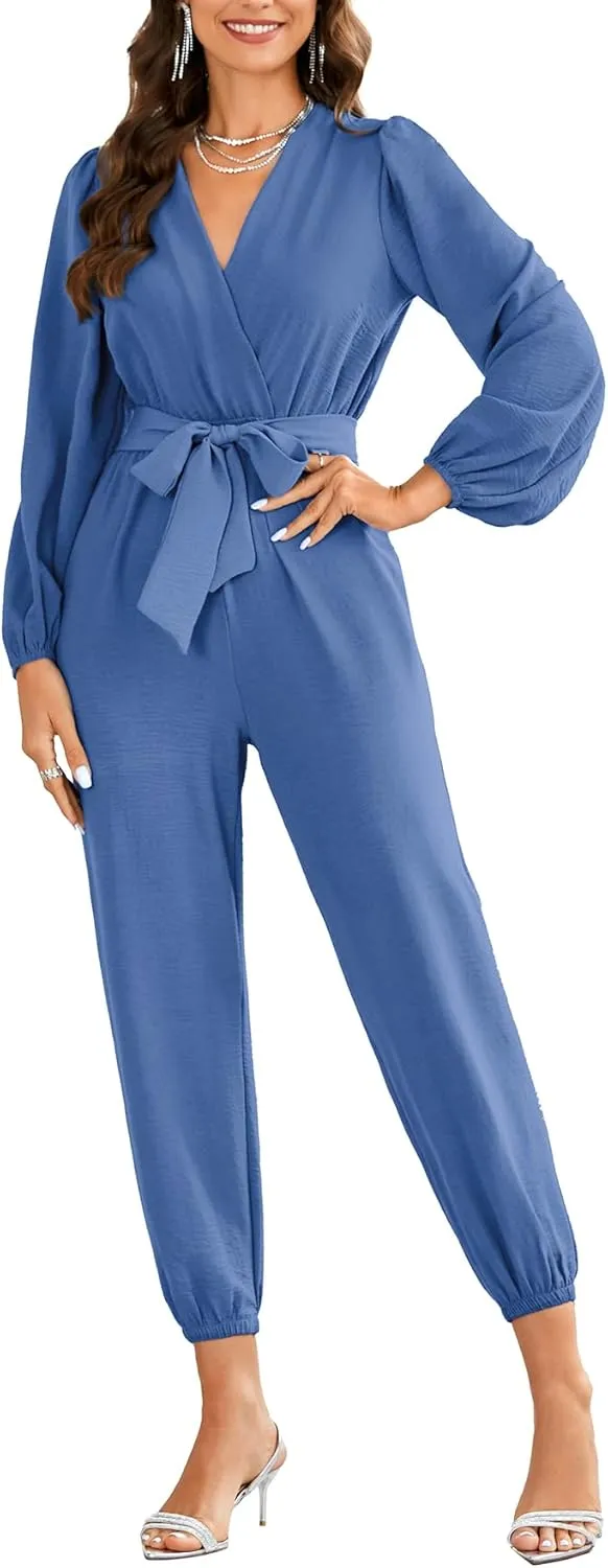 LYANER Women's Elegant Wrap V Neck Tie Waist Long Sleeve Jumpsuit Long Pants Romper