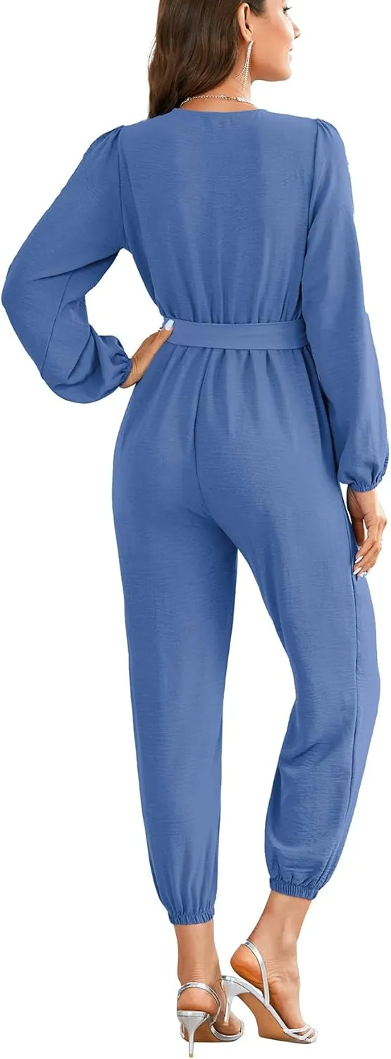LYANER Women's Elegant Wrap V Neck Tie Waist Long Sleeve Jumpsuit Long Pants Romper