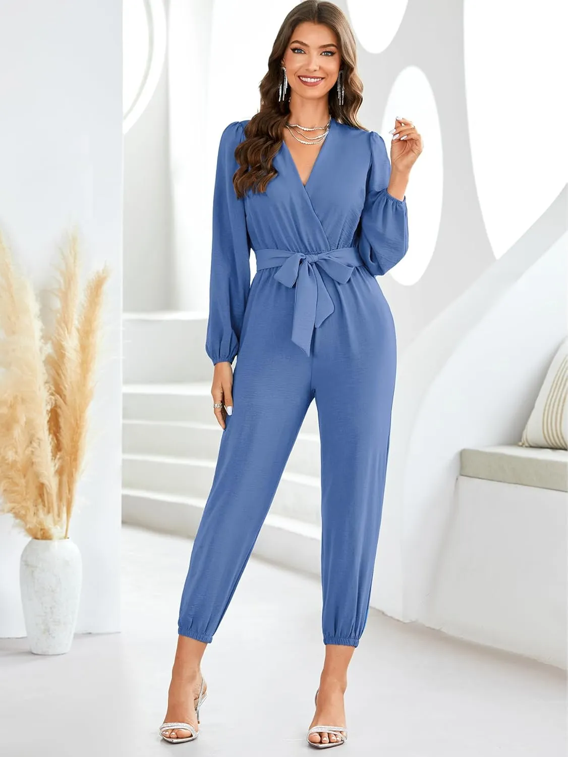 LYANER Women's Elegant Wrap V Neck Tie Waist Long Sleeve Jumpsuit Long Pants Romper