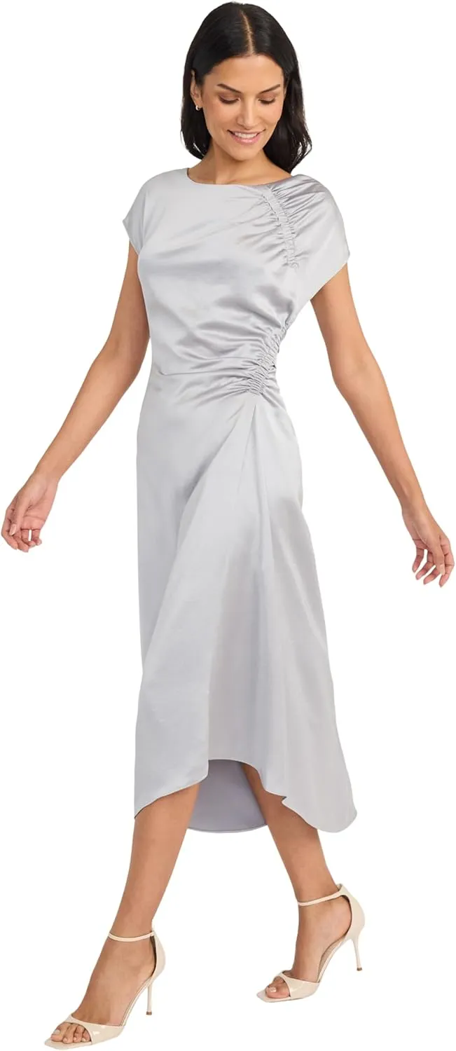 Maggy London Women's Ruched Side Midi Asymmetric Hem-Cap Sleeve V-Back-Formal Evening Dress