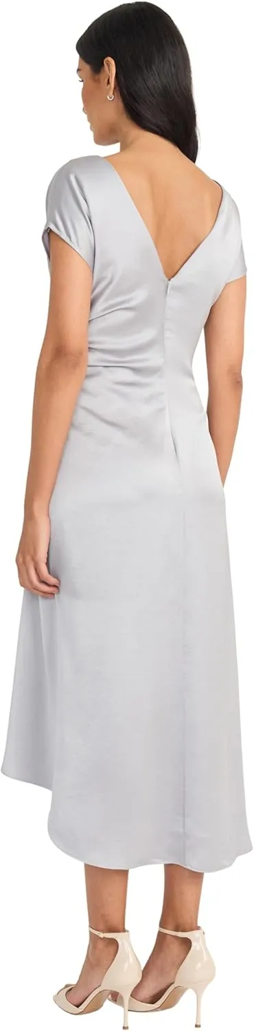 Maggy London Women's Ruched Side Midi Asymmetric Hem-Cap Sleeve V-Back-Formal Evening Dress