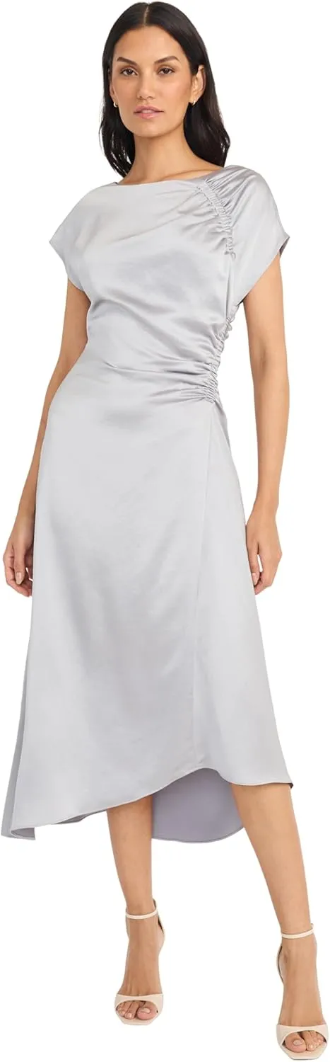 Maggy London Women's Ruched Side Midi Asymmetric Hem-Cap Sleeve V-Back-Formal Evening Dress