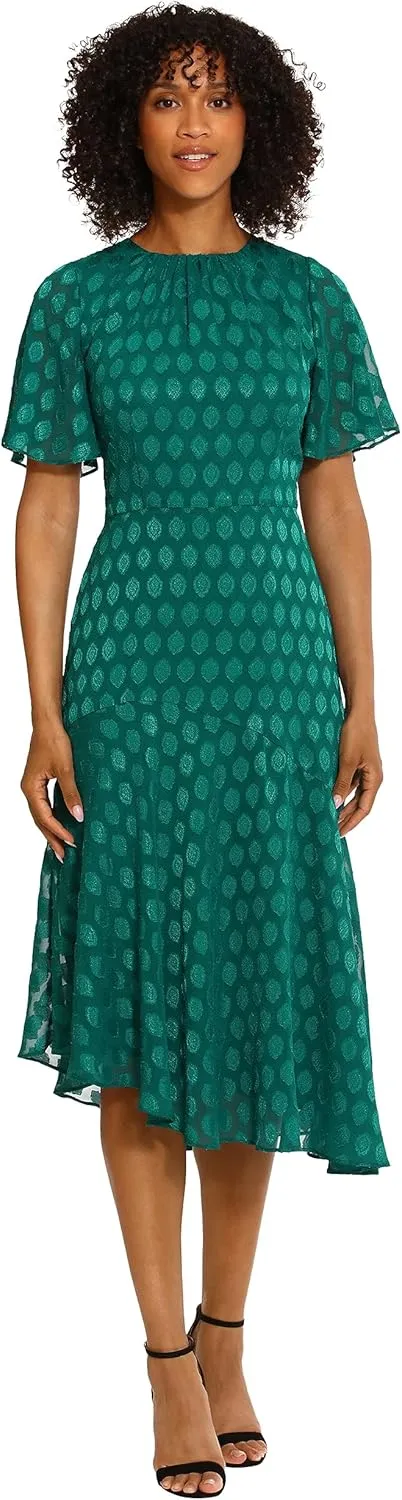 Maggy London Women's Short Flutter Sleeve Fit and Flare Dress with Asymmetric Hem Tier