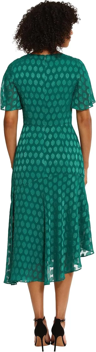 Maggy London Women's Short Flutter Sleeve Fit and Flare Dress with Asymmetric Hem Tier