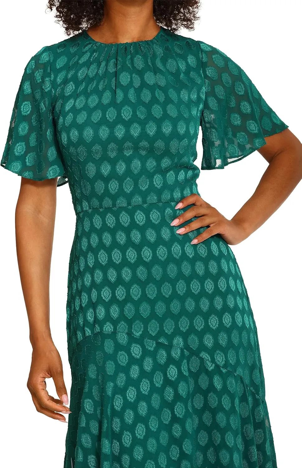 Maggy London Women's Short Flutter Sleeve Fit and Flare Dress with Asymmetric Hem Tier