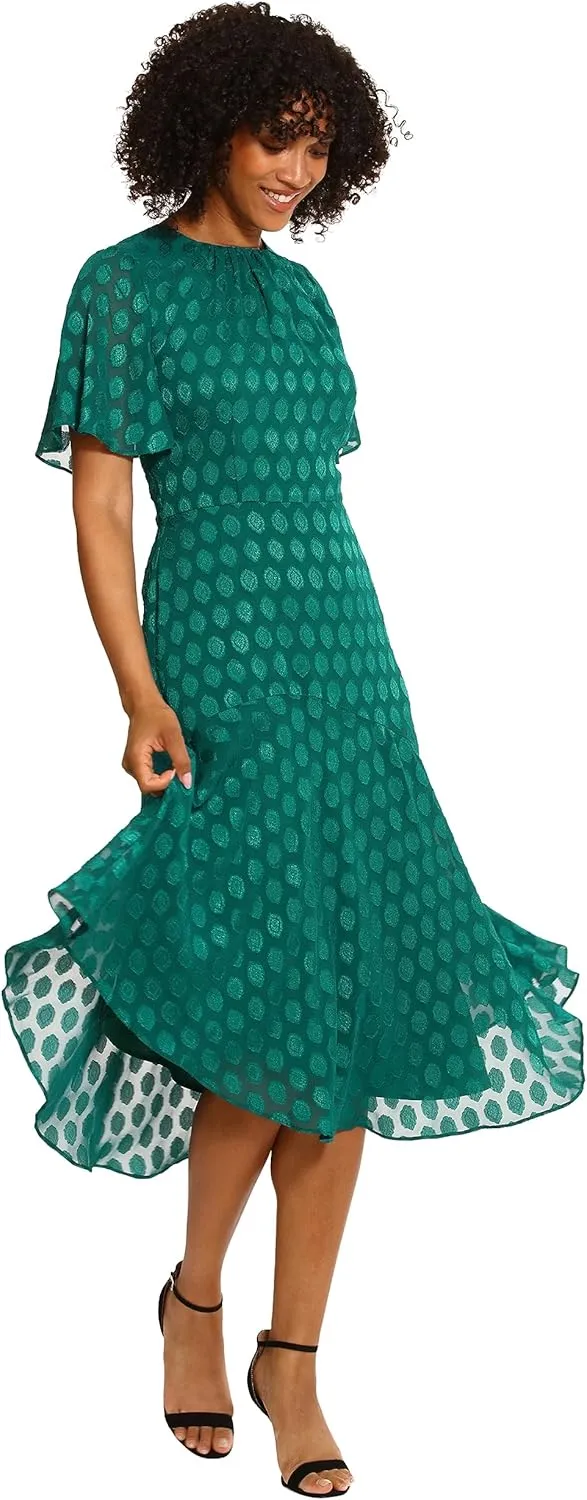 Maggy London Women's Short Flutter Sleeve Fit and Flare Dress with Asymmetric Hem Tier