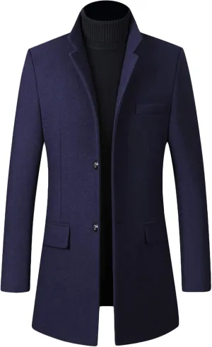 Maiyifu-GJ Mens Mid-Length Single Breasted Coat Stylish Stand Collar Top Pea Coats Winter Windproof Business Trench Overcoat