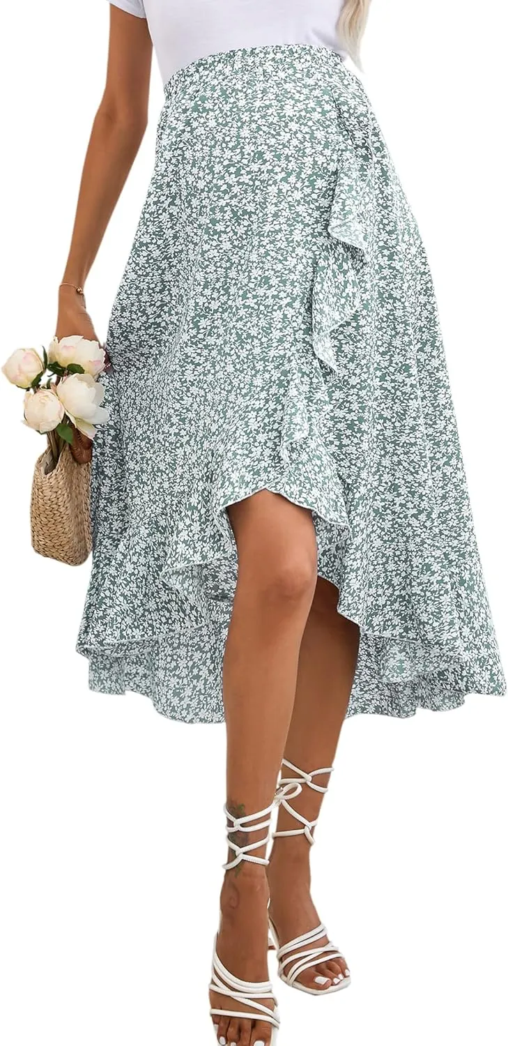 Maternity Midi Skirt Summer Casual Pleated Elastic High Waist Boho Ruffle Flowy Wrap Split Long Skirt
