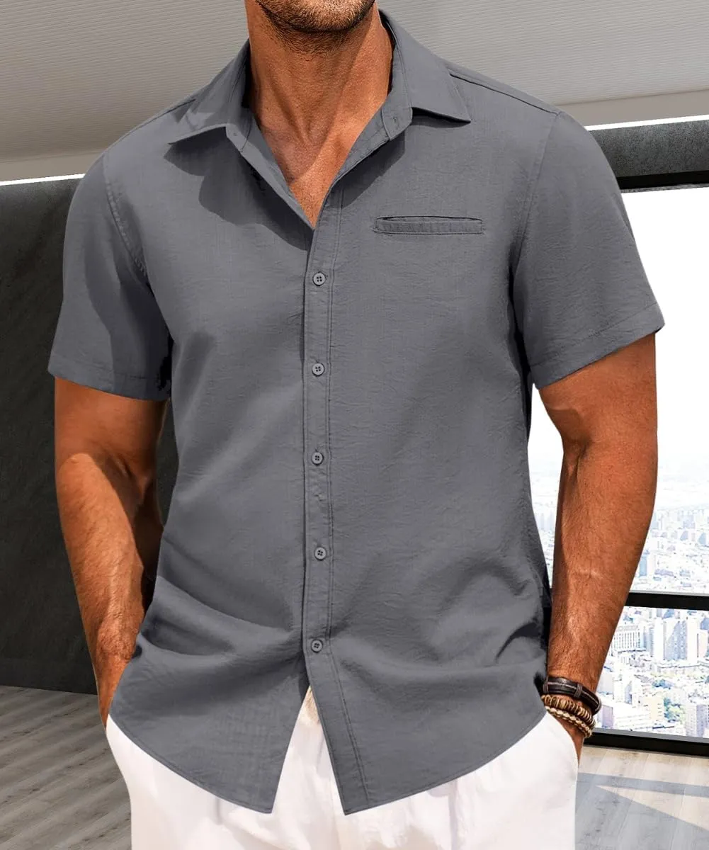 Mens Casual Button Down Shirt Short Sleeve V Neck Tops 2025 Summer Vacation Beach Blouses Shirts