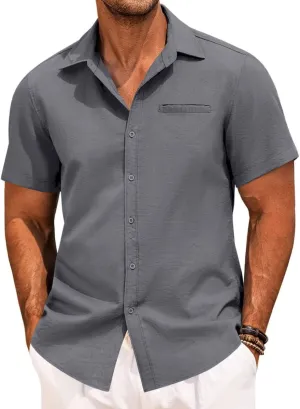 Mens Casual Button Down Shirt Short Sleeve V Neck Tops 2025 Summer Vacation Beach Blouses Shirts