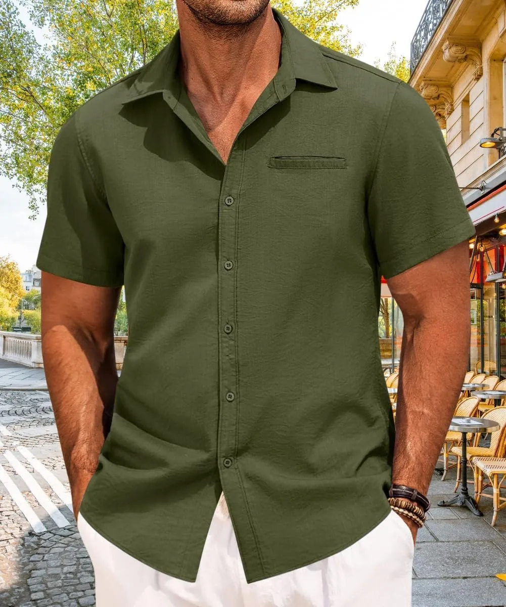 Mens Casual Button Down Shirt Short Sleeve V Neck Tops 2025 Summer Vacation Beach Blouses Shirts