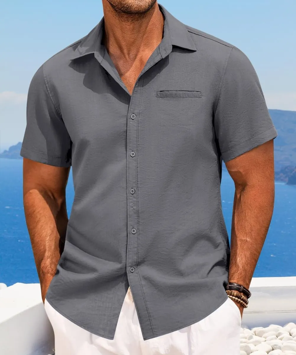 Mens Casual Button Down Shirt Short Sleeve V Neck Tops 2025 Summer Vacation Beach Blouses Shirts