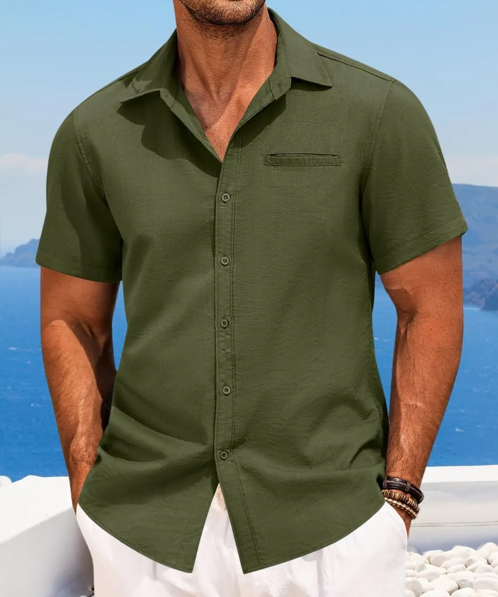 Mens Casual Button Down Shirt Short Sleeve V Neck Tops 2025 Summer Vacation Beach Blouses Shirts