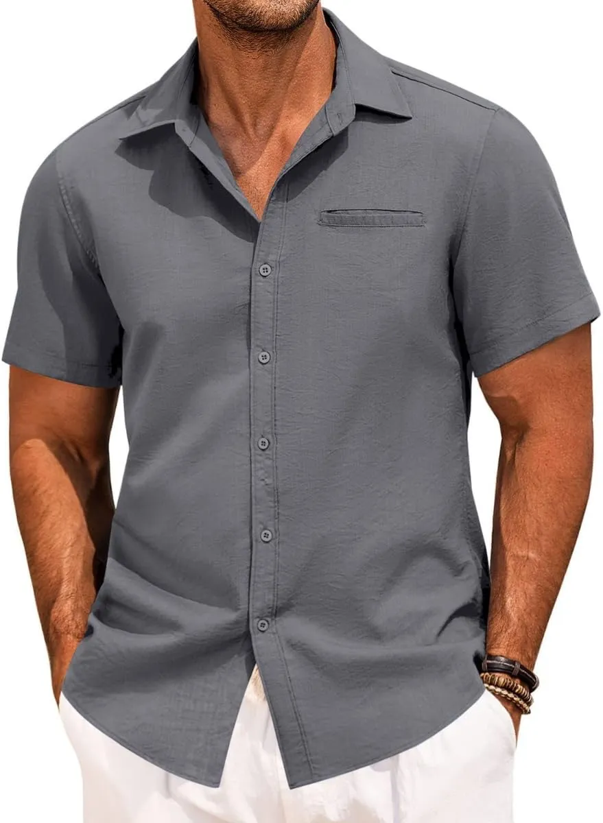 Mens Casual Button Down Shirt Short Sleeve V Neck Tops 2025 Summer Vacation Beach Blouses Shirts