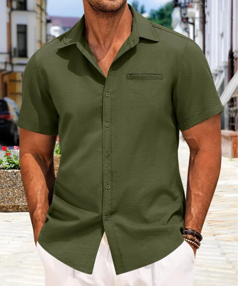 Mens Casual Button Down Shirt Short Sleeve V Neck Tops 2025 Summer Vacation Beach Blouses Shirts