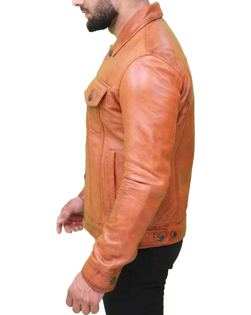 Men's Light Brown Real Leather Trucker Jacket