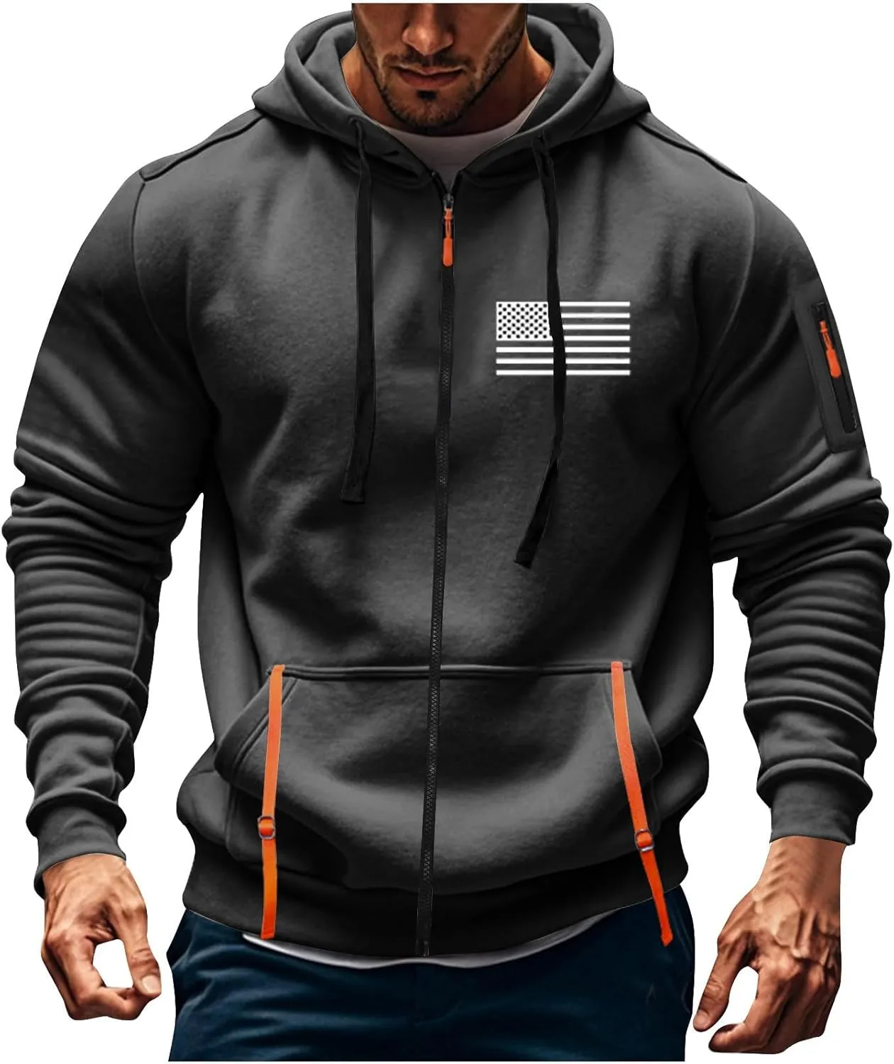 Men's Zipper USA Flag Print Hoodie Graphic Long Sleeve Drawstring Shirts Oversized Patriotic Sweatshirts with Pockets