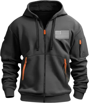 Men's Zipper USA Flag Print Hoodie Graphic Long Sleeve Drawstring Shirts Oversized Patriotic Sweatshirts with Pockets