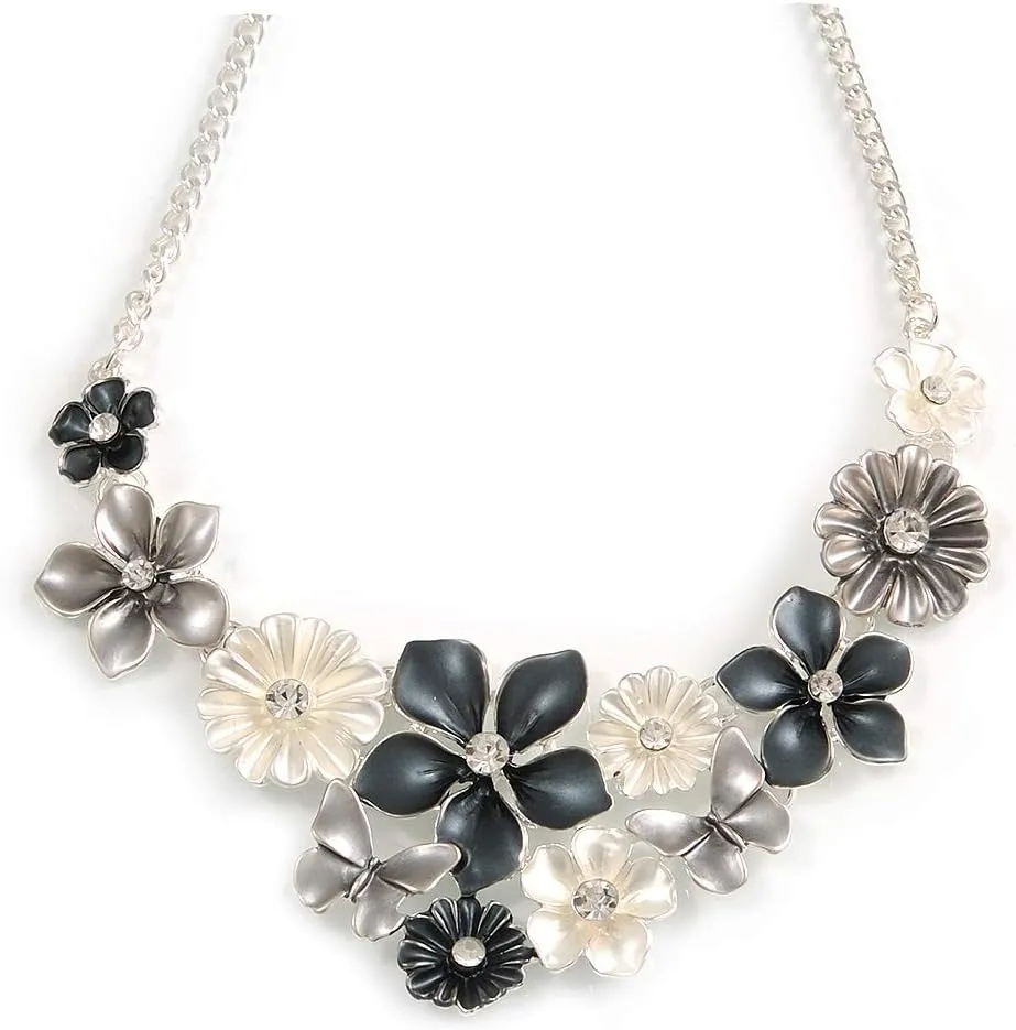 Metallic White/Metallic Grey Matte Enamel Daisy Cluster and Butterfly Necklace In Silver Tone - 42cm L/ 6cm Ext - 40cm L/ 5cm Ext