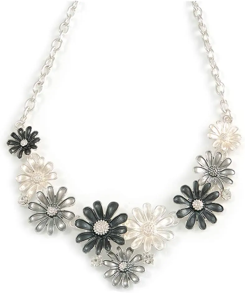 Metallic White/Metallic Silver Matte Enamel Daisy Cluster Necklace In Silver Tone - 42cm L/ 6cm Ext