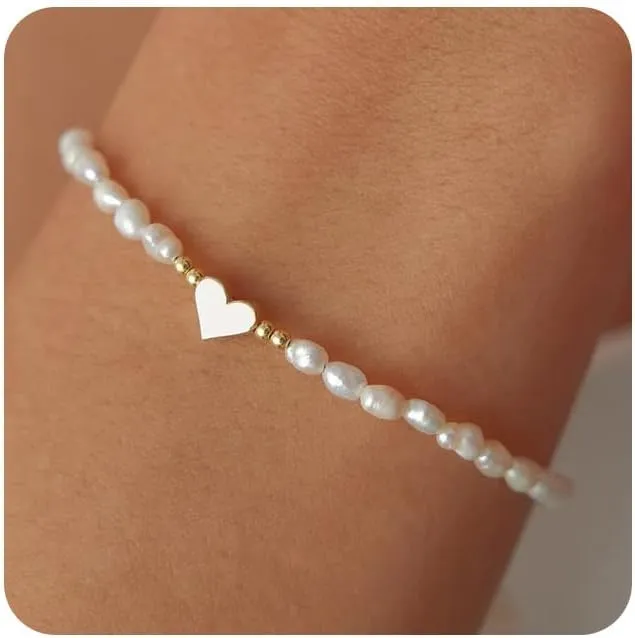 MIDEEO Gold/Sliver Bracelets for Women,14K Gold Plated Bracelets for Women Evil Eye Diamond Cuban Link Heart Pearl Bracelets Everyday Jewelry Gift