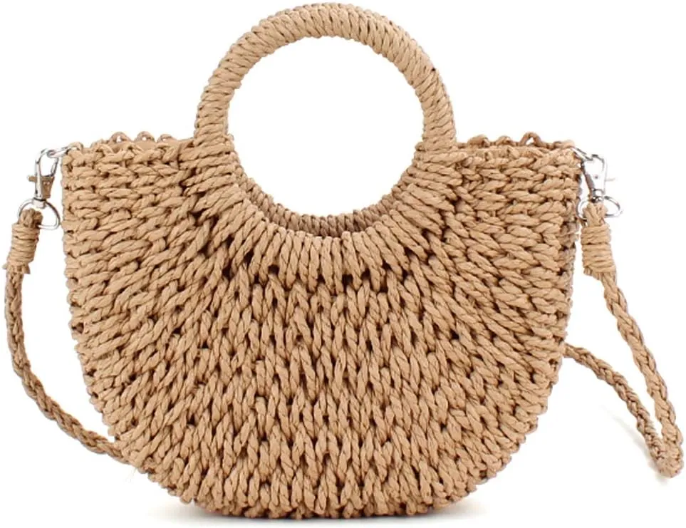 Mini Semi-circle Rattan Straw Bag, Hand-woven Women Summer Retro Beach Tote Shoulder Bag Crossbody Travel Beach Bag