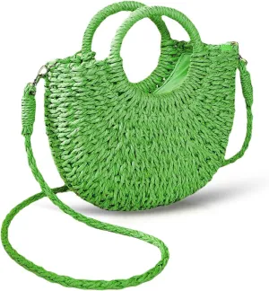 Mini Semi-circle Rattan Straw Bag, Hand-woven Women Summer Retro Beach Tote Shoulder Bag Crossbody Travel Beach Bag