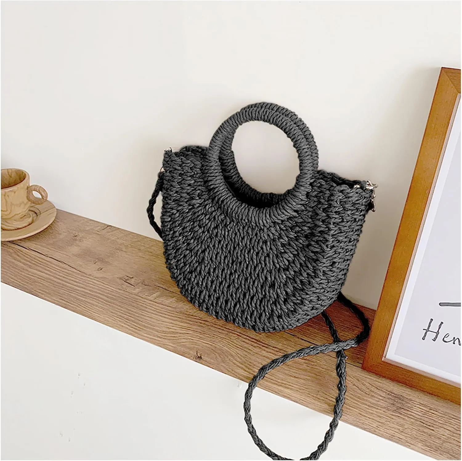 Mini Semi-circle Rattan Straw Bag, Hand-woven Women Summer Retro Beach Tote Shoulder Bag Crossbody Travel Beach Bag