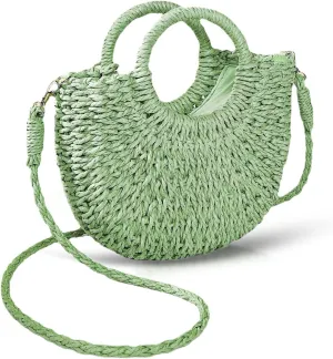 Mini Semi-circle Rattan Straw Bag, Hand-woven Women Summer Retro Beach Tote Shoulder Bag Crossbody Travel Beach Bag