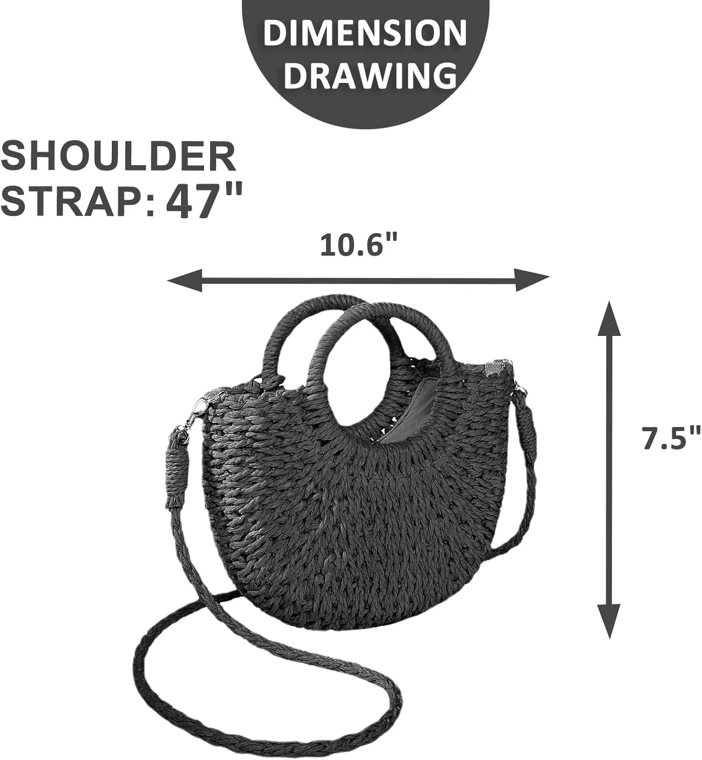 Mini Semi-circle Rattan Straw Bag, Hand-woven Women Summer Retro Beach Tote Shoulder Bag Crossbody Travel Beach Bag