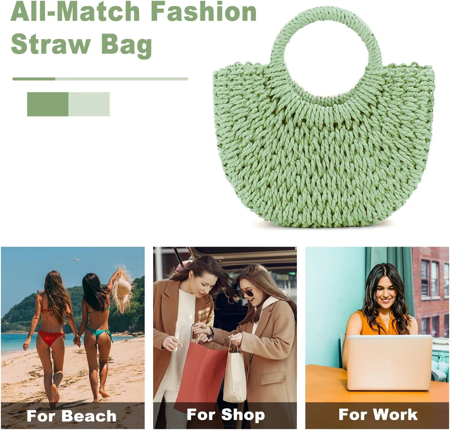 Mini Semi-circle Rattan Straw Bag, Hand-woven Women Summer Retro Beach Tote Shoulder Bag Crossbody Travel Beach Bag
