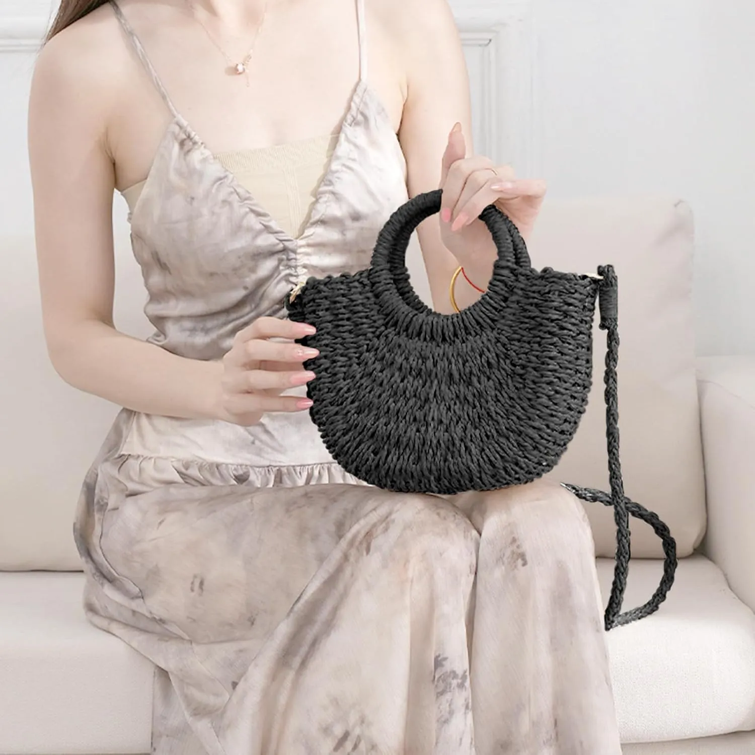 Mini Semi-circle Rattan Straw Bag, Hand-woven Women Summer Retro Beach Tote Shoulder Bag Crossbody Travel Beach Bag