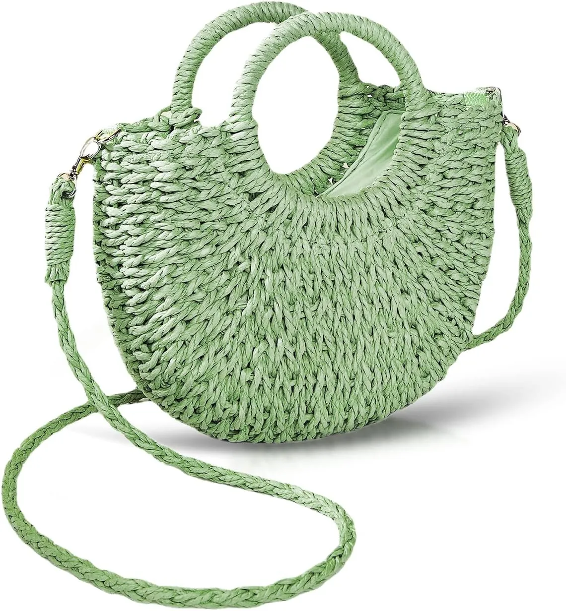 Mini Semi-circle Rattan Straw Bag, Hand-woven Women Summer Retro Beach Tote Shoulder Bag Crossbody Travel Beach Bag