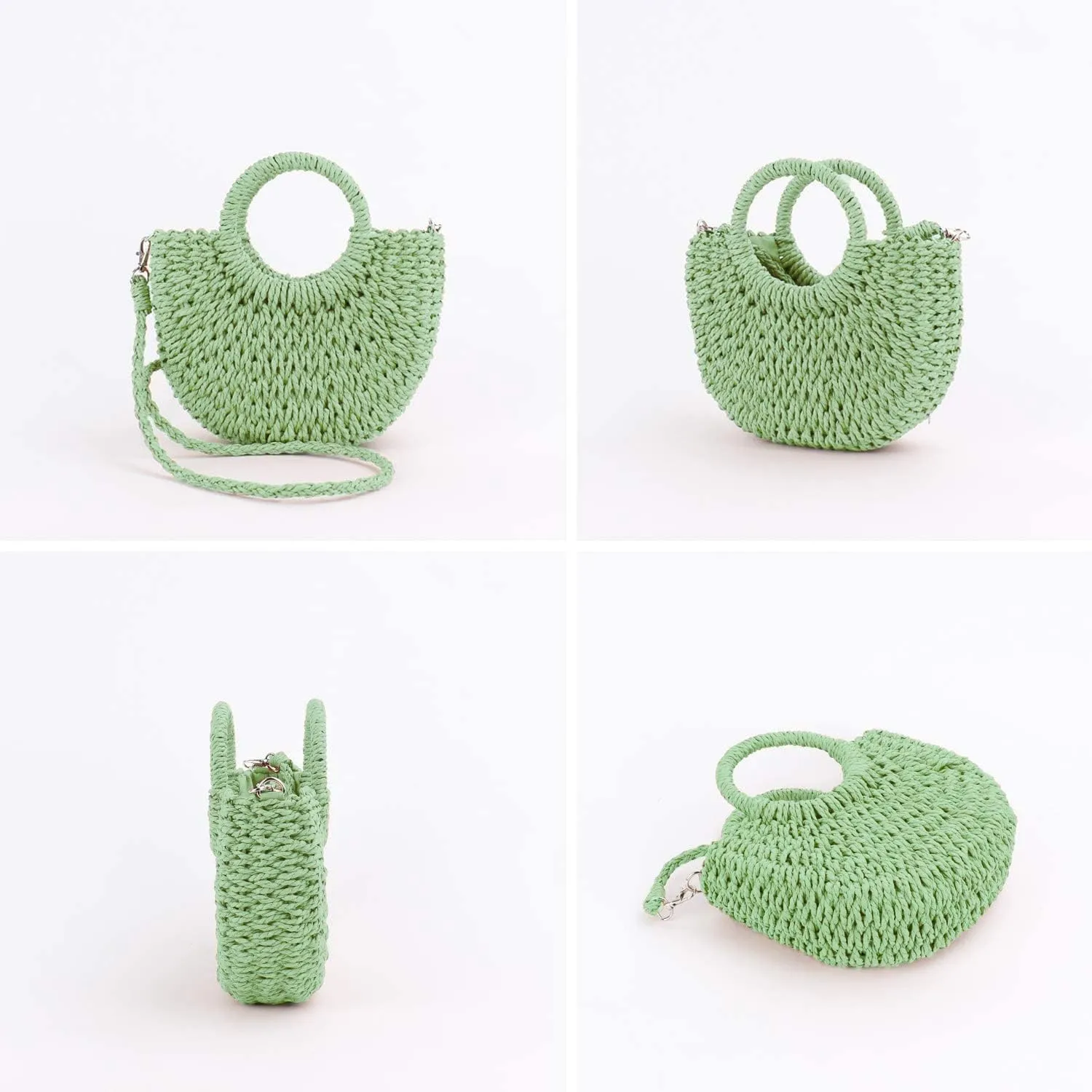 Mini Semi-circle Rattan Straw Bag, Hand-woven Women Summer Retro Beach Tote Shoulder Bag Crossbody Travel Beach Bag