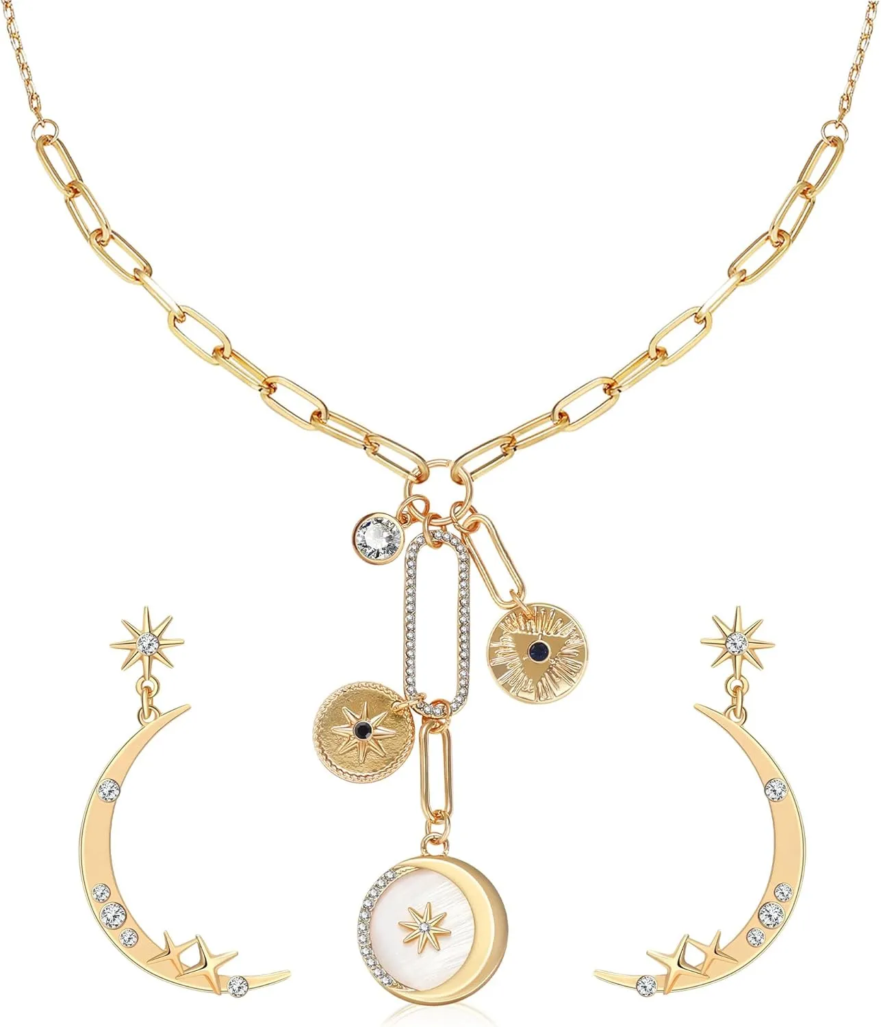 MISS RIGHT Dainty Gold Evil Eye Hamsa Hand Coin Lucky Charm Pendant Necklace for Women Trendy Vintage Paperclip Chain Sun Moon Clover Flower Chunky Charm Necklace Jewelry Gifts