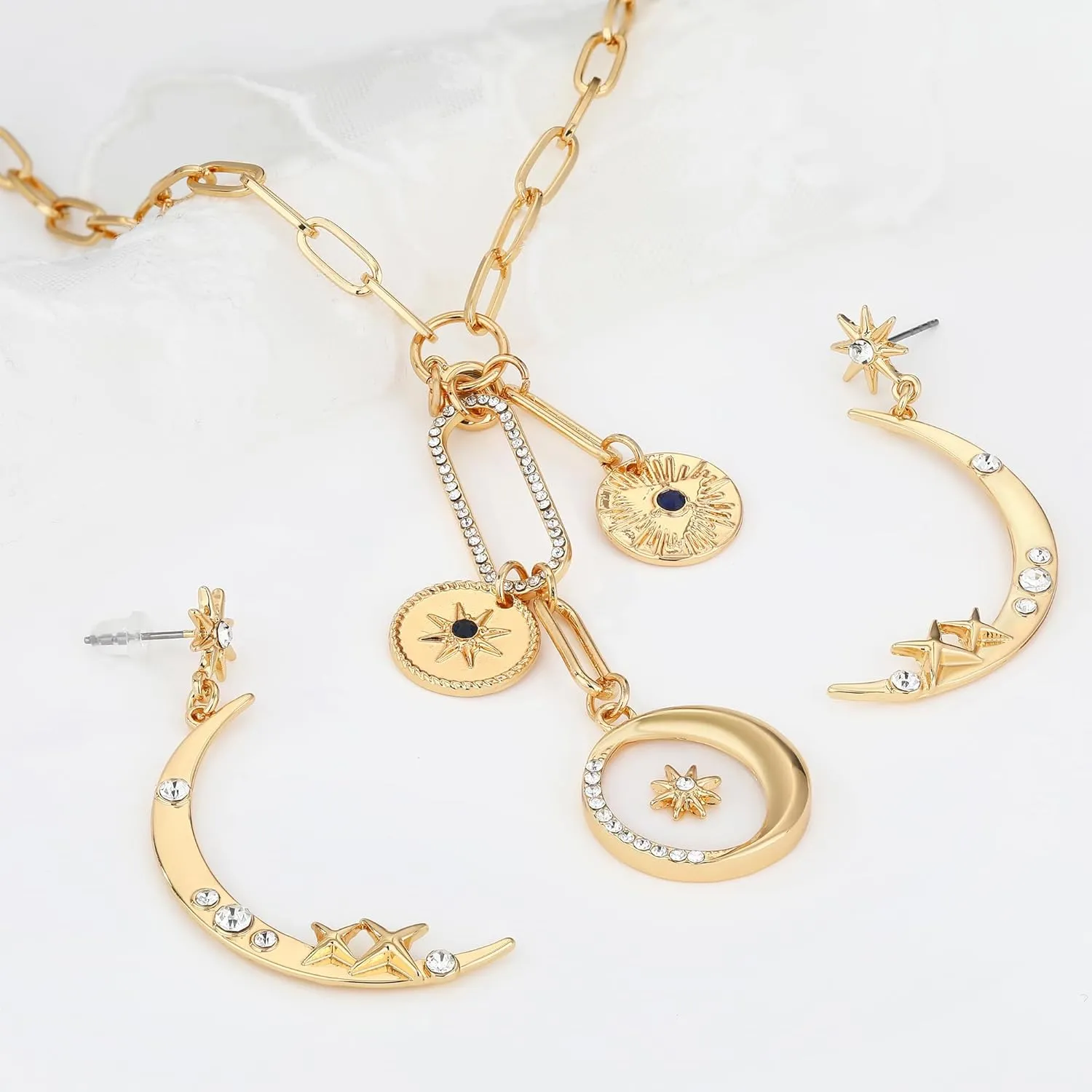 MISS RIGHT Dainty Gold Evil Eye Hamsa Hand Coin Lucky Charm Pendant Necklace for Women Trendy Vintage Paperclip Chain Sun Moon Clover Flower Chunky Charm Necklace Jewelry Gifts