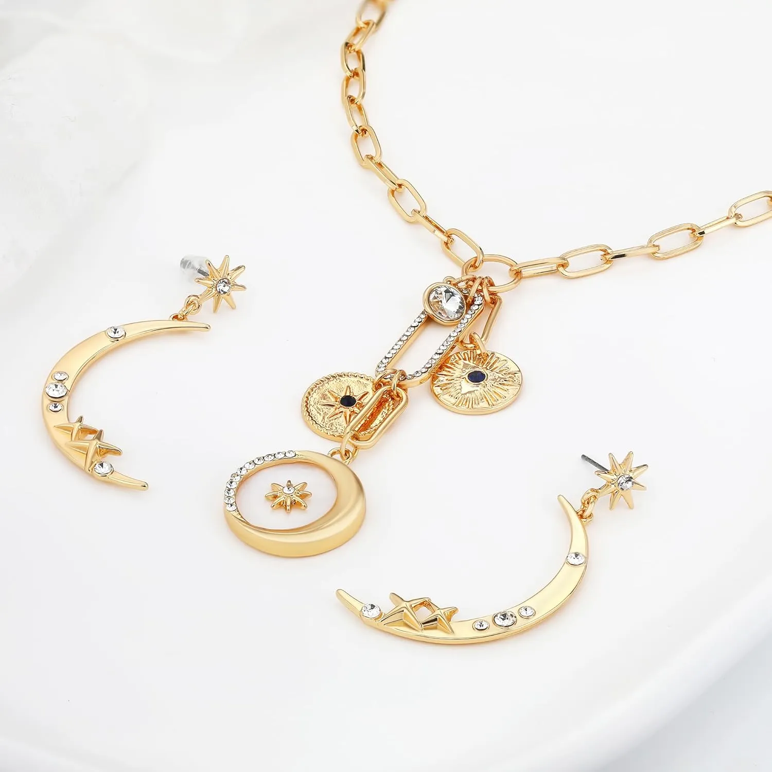 MISS RIGHT Dainty Gold Evil Eye Hamsa Hand Coin Lucky Charm Pendant Necklace for Women Trendy Vintage Paperclip Chain Sun Moon Clover Flower Chunky Charm Necklace Jewelry Gifts