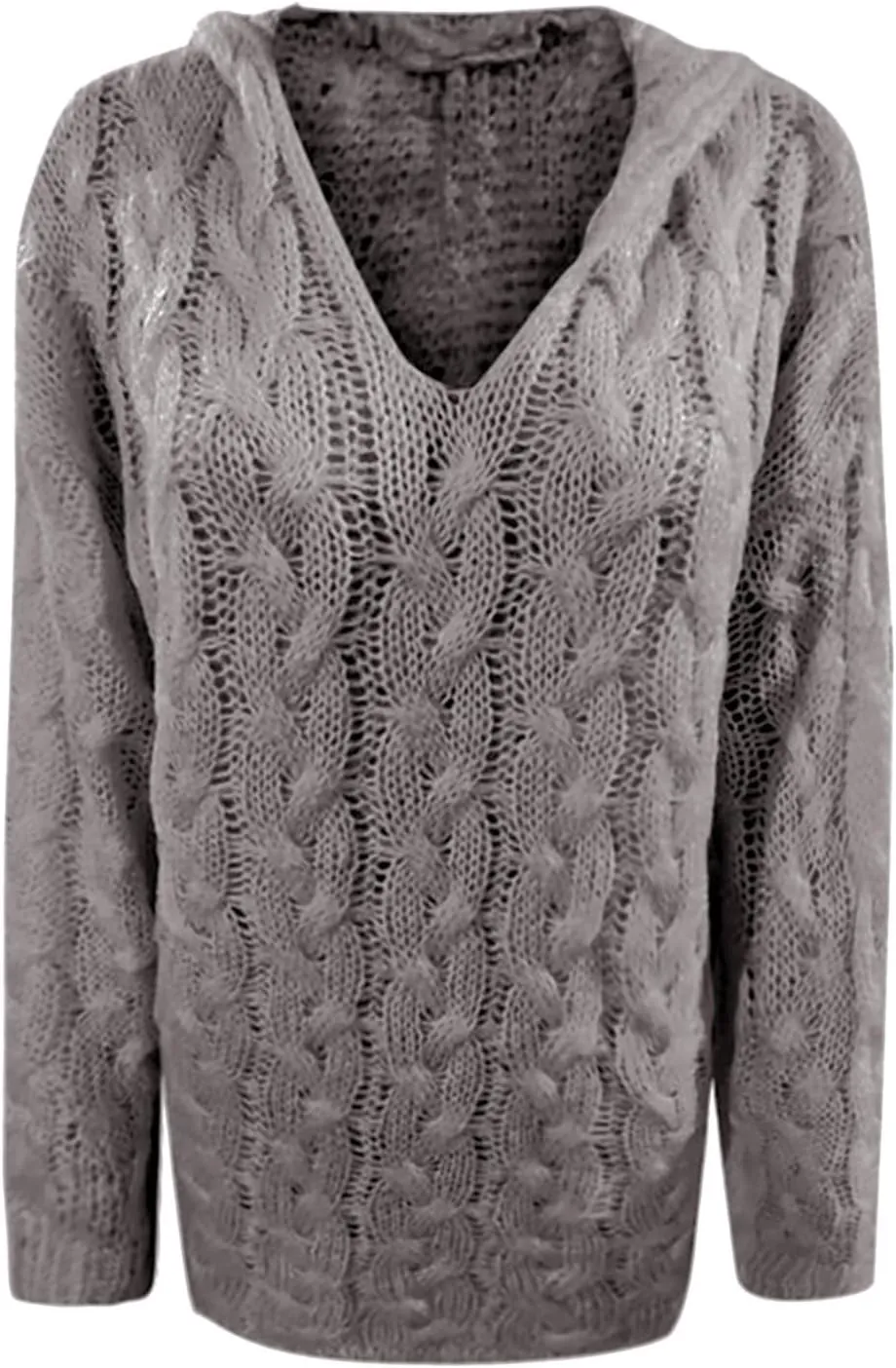 Miyaomn Women's Trendy Chunky Cable Knit V Neck Sweaters Hoodies Slim Fit Casual Solid Long Sleeve Hooded Pullover Jumper Top