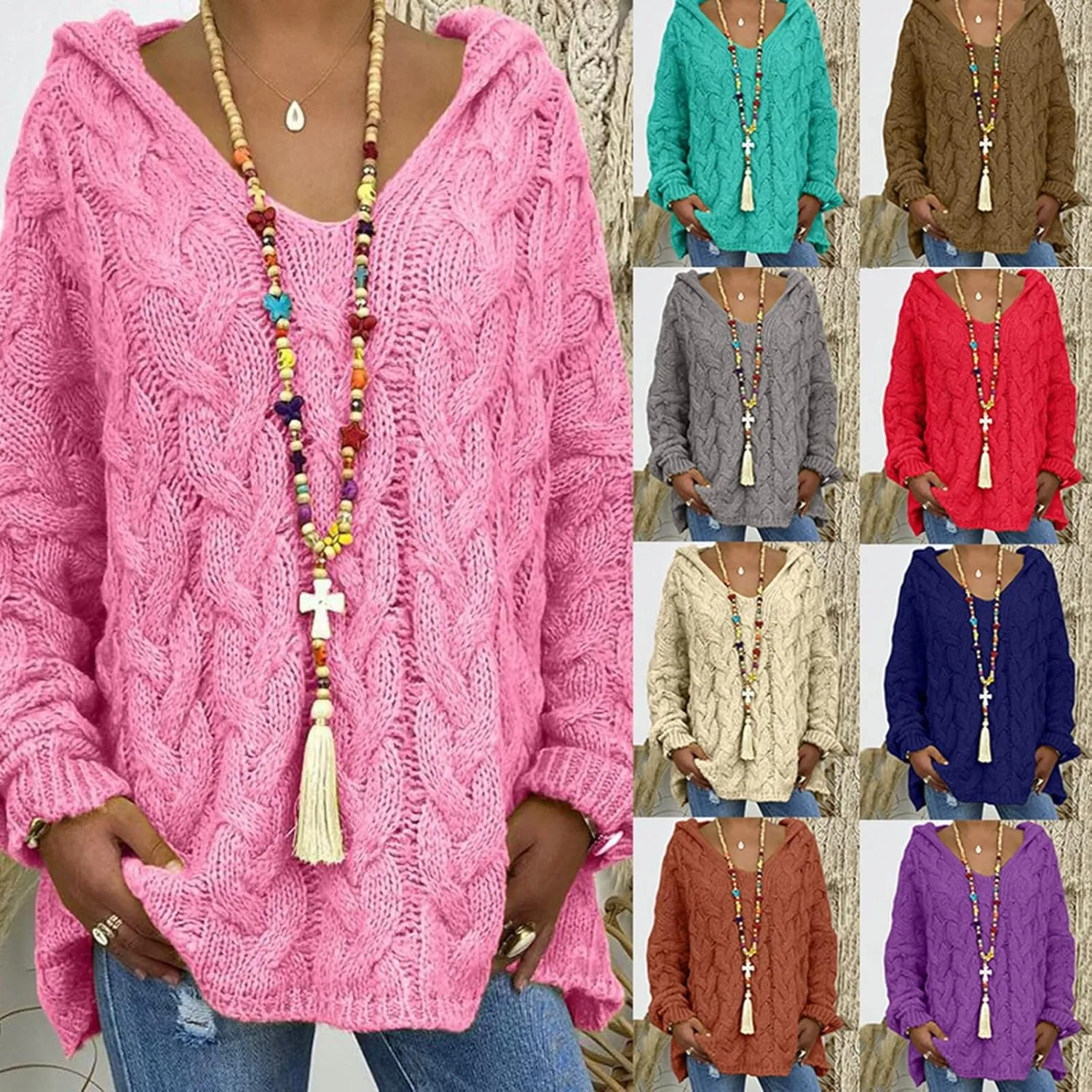 Miyaomn Women's Trendy Chunky Cable Knit V Neck Sweaters Hoodies Slim Fit Casual Solid Long Sleeve Hooded Pullover Jumper Top
