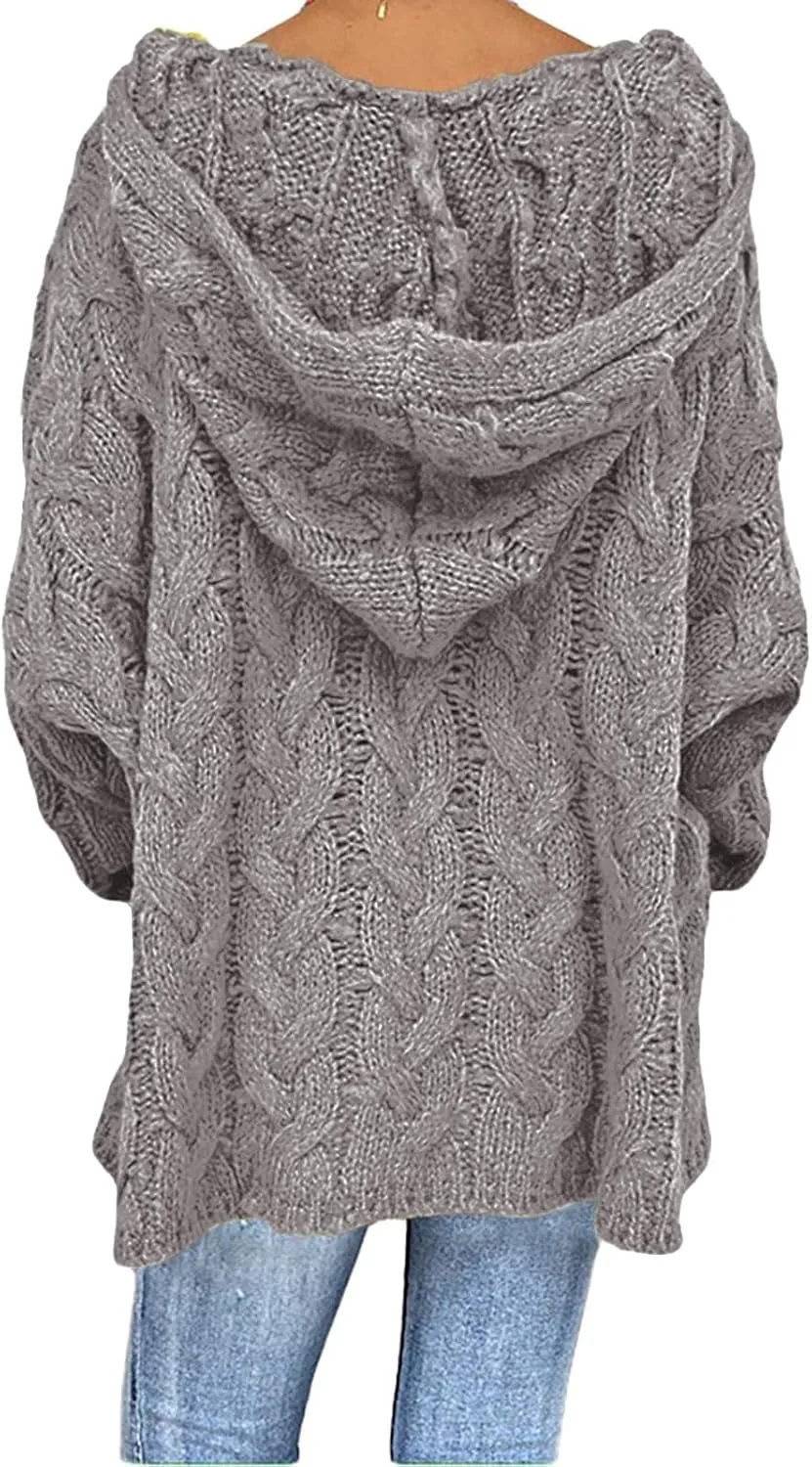 Miyaomn Women's Trendy Chunky Cable Knit V Neck Sweaters Hoodies Slim Fit Casual Solid Long Sleeve Hooded Pullover Jumper Top