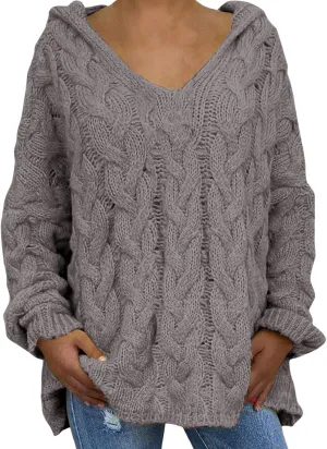 Miyaomn Women's Trendy Chunky Cable Knit V Neck Sweaters Hoodies Slim Fit Casual Solid Long Sleeve Hooded Pullover Jumper Top