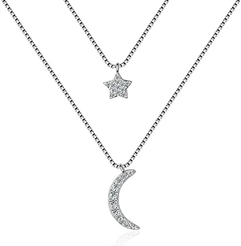 Moon Star Double Layer Chain 925 Sterling Silver Necklaces Pendants For Women Jewelry Cubic Zirconia Choker Necklace